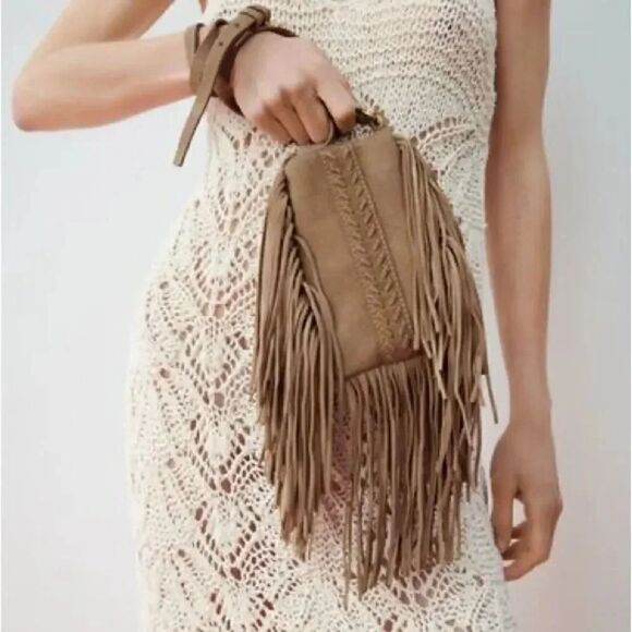ZARA SPLIT GENUINE SUEDE LEATHER FRINGED BAG - Picture 1 of 8